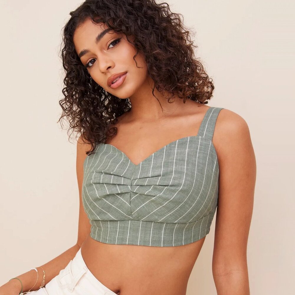 Vero Moda Bra Top Bustier Smocked Green Stripe Crop Prep Tailored vmserena Strap